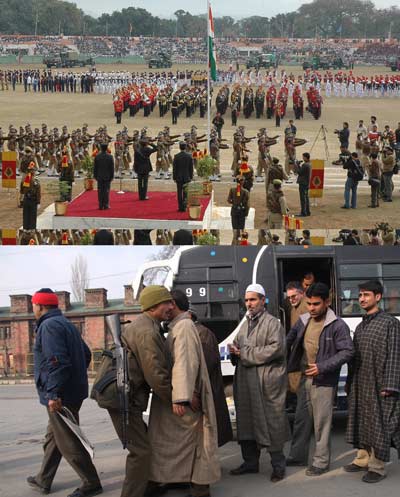 Full dress rehearsal for January 26 function under progress at M A Satdium in Jammu on Saturday. A CRPF man frisks commuters in Srinagar. Rising Kashmir