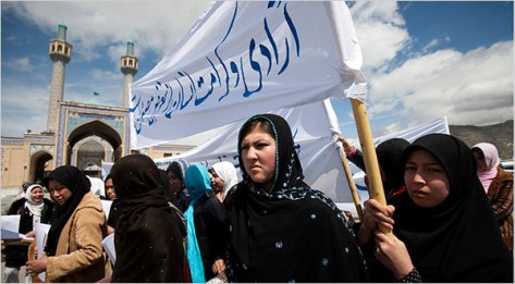 Afghan women demonstrate against new law, courtesy NYT