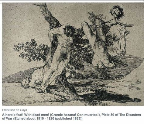 "In this sickening image, one of the most extreme in The Disasters of War series, the naked bodies of mutilated, tortured and castrated men are shown hung from a tree as a warning to others. Goya was one of the first artist to reveal the grim reality of warfare, stripped of all chivalry, romance and idealism. He captured something quintessential about modern war which has found resonance with succeeding generations of audiences. This print was controversially adapted in the 1990s by the artists Jake and Dinos Chapman. It formed the basis for one of their gory, three-dimensional tableaux, in which scenes from the series were recreated using dismembered mannequins covered in fake blood." - Image and caption via nationalgalleries.org