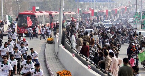 At the launch of the Metro Bus service in Lahore in February this year. Photo credit: Sajid Rana / Dawn.com
