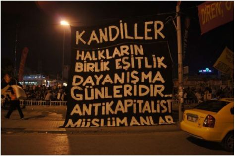 “Kandils (Islamic holy nights) are the times for equality, unity and solidarity.” Anticapitalist Muslims   Note: “Kandil” refers to the celebration of one of the five Islamic holy nights. While Erdoğan was accusing the protestors to be drinking beer and having some kind of a youth festival, anticapitalist muslims who were against the Taksim project from the very early on, wanted to give their support to the protestors. It was an interesting thing to witness. Socialists and communists were creating space for the members of the Anticapitalist Muslims to perform a public prayer in the square. This is already evidence enough that this is not secularists vs. pious. 