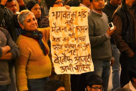Poster Against Mohan Bhagwat - RSS Supremo, for his misogynist comments, 26 January Protest in Delhi - Photograph by Monica Dawar