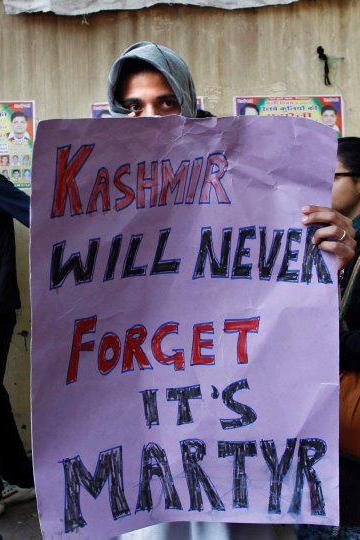 Protestor with Sign at Jantar Mantar Protest after Afzal Guru's Execution