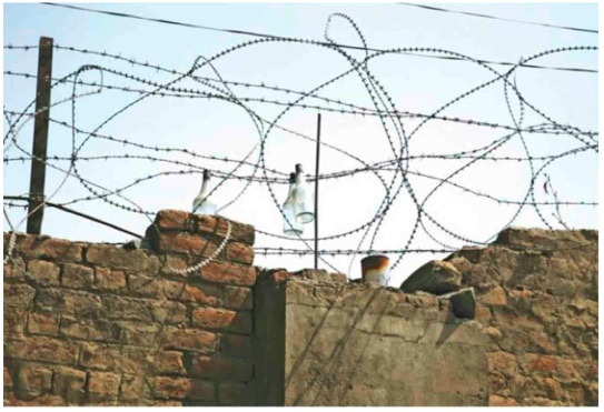 Army camps in Kashmir, such as the ones that line both sides of the highway to Kupwara are often fenced with barb wire strung with hundreds of alcohol bottles ‘hanging like the bodies of condemed men’, as  a member of the Support Group once remarked Photo: ‘Military Calligraphy’ by Parthiv Shah from his Barbed Wire and Beautiful Skies Series 