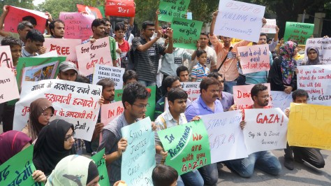 Protestors with Signs against Israeli State's Aggression on Gaza, in front of the Israeli Embassy in New Delhi, 13th July, 2014