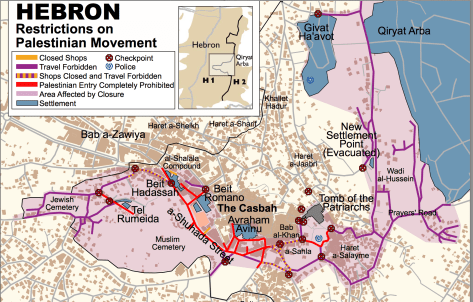 The map of Hebron showing streets that Palestinians are prohibited from walking and/driving on. Image Courtesy: Breaking the Silence