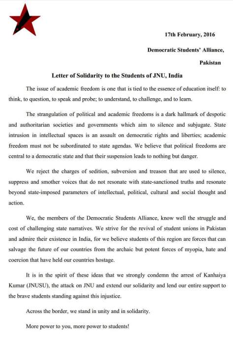 DSA Pakistan Letter of Solidarity