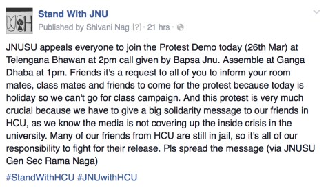 Call from BAPSA-JNU for solidarity march with Hyderabad Students on the 'Stand with JNU' Facebook Page