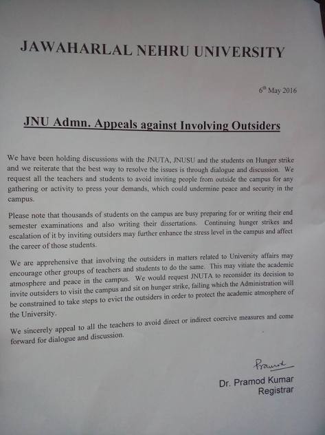 'Appeal' from JNU Registrar not to involve and invite 'outsiders' for protests in the University. The 'appeal' contains a veiled threat that this might provoke 'other groups' to invite 'other outsiders'.