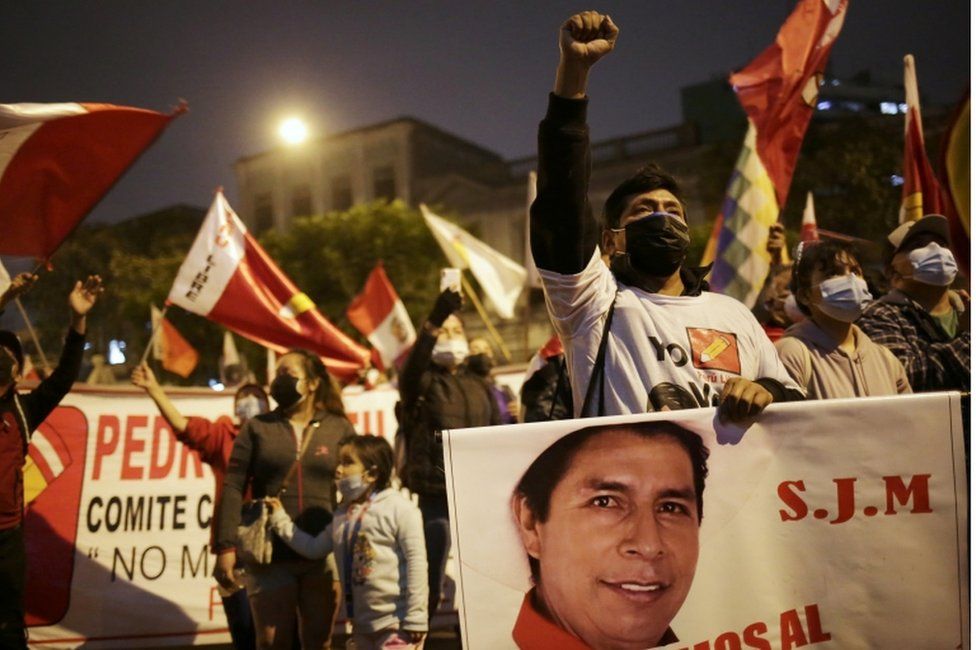 Supporters of Left Presidential candidate Pedro Castillo on the streets, image courtesy Reuters